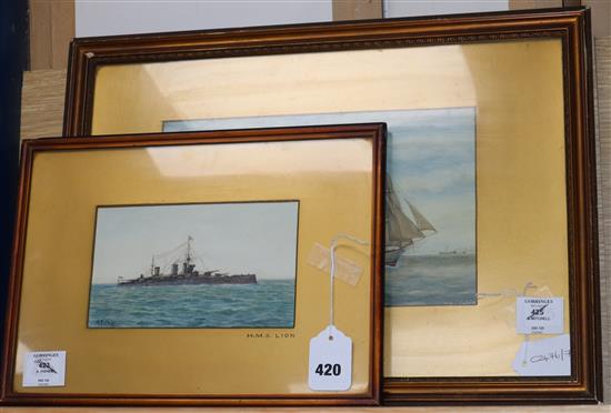 A. Fisher, watercolour, HMS Lion, signed, 11 x 19cm and J. Mitchell, watercolour, HMS Valor, 18 x 29cm